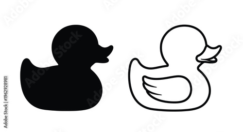 A black silhouette and white outline illustration of a rubber duck