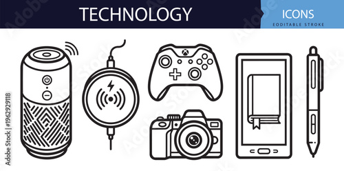 Premium outline vector line icon set collection bundle featuring electronic gadget concepts for creative digital graphic design projects