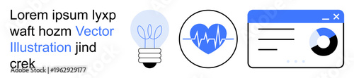 Innovation, health monitoring, data analysis, creative ideas, energy solutions, digital tools. Features a lightbulb, heart monitor icon and data dashboard. Innovation and health monitoring concept