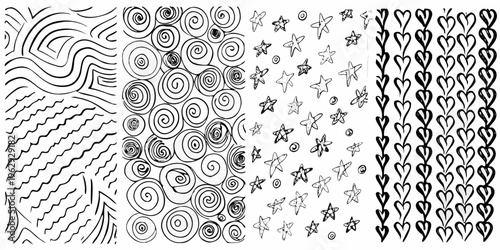 Hand drawn doodle patterns featuring swirls stars and repeating hearts
