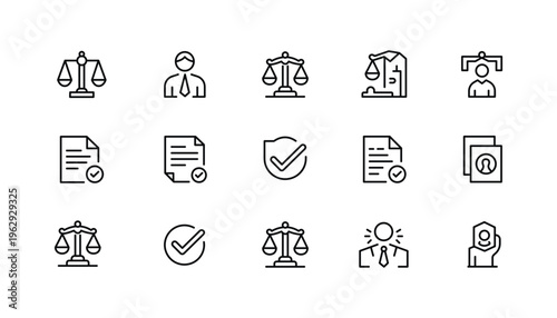Minimal Legal and Business Icons Set – Justice Scale, Document and User Line Icons