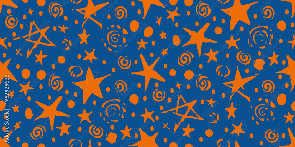 Obraz premium A vibrant blue background filled with orange stars swirls and dots