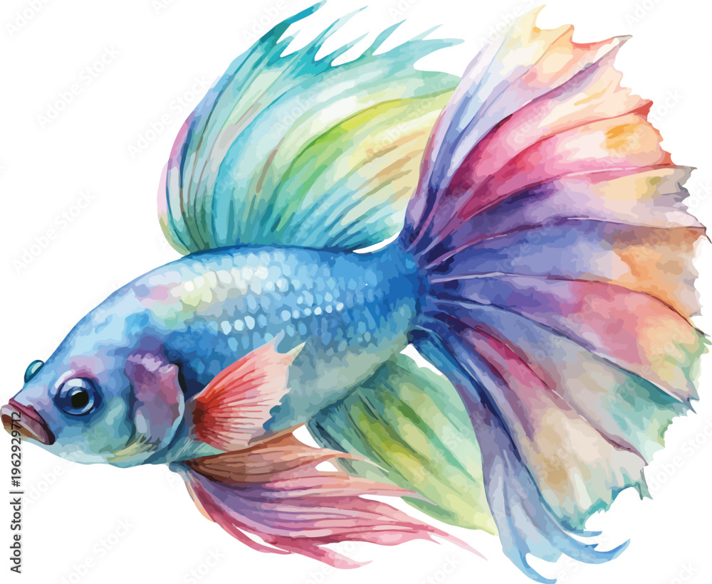 Fototapeta premium Hand-Painted Betta Fish Watercolor, Vibrant Tropical Fish Art, Isolated Vector Illustration