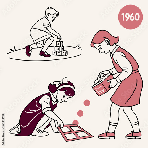 Children playing with toys in the 1960s