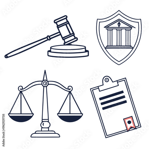 Law and justice icons including gavel, shield, scales, and document