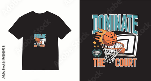 Basketball t-shirt design with a flaming ball going through a hoop, text dominate the court, basketball game, stars