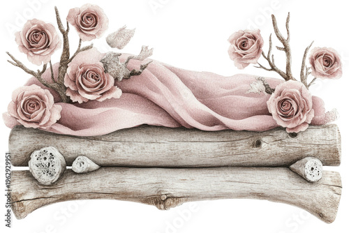 Roses, fabric, & branches atop a rustic wooden log
