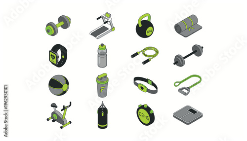 Collection of fitness and workout equipment icons.