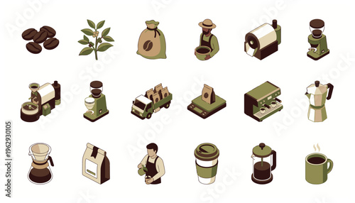 Coffee icons set with various brewing methods.