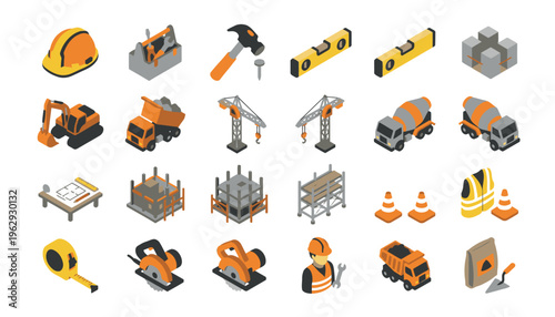 Collection of construction tools and equipment icons.
