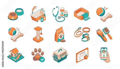 Colorful dog care and health icons.