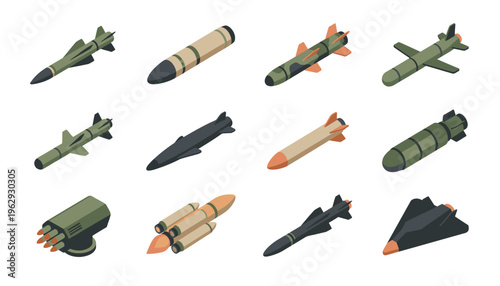 Collection of various military missiles and bombs.