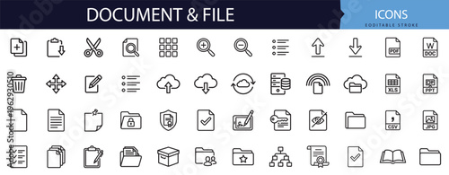Document file folder and data management line icon bundle set vector illustration graphic design web elements