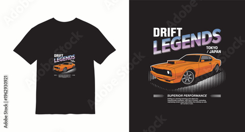 Drift legends tokyo japan superior performance orange classic car vector illustration