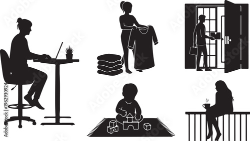 Black silhouette of a person playing a grand piano and a musician with a guitar in a room with a window