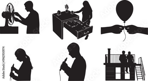 Black silhouette of a person playing guitar singing and a D J performing at a concert with a crowd black silhouettes