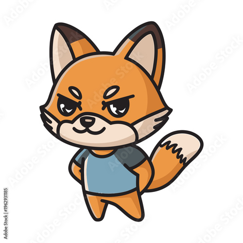 Cute cartoon fox character standing with confident and slightly mischievous expression