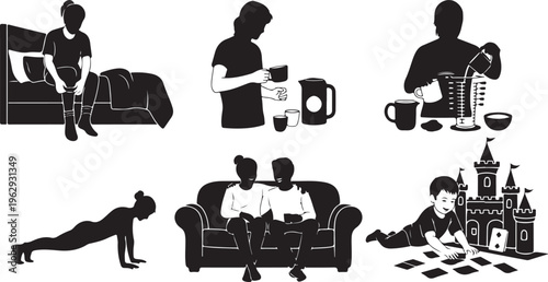 Black silhouette of people working in office and creative environments with vintage and modern black silhouettes