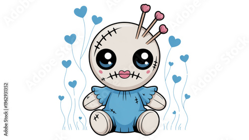 Adorable stitched doll character with big eyes and hair pins exuding charm in a whimsical design Vector