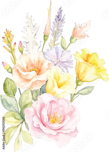 A beautiful and delicate floral bouquet featuring soft pastel yellow pink and purple blossoms arranged with fresh green leaves gracefully