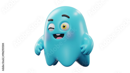 A cheerful blue ghost toy character standing upright with arms spread out in a welcoming pose, showcasing a friendly face with a wide smile and closed eyes that have a wink on one side