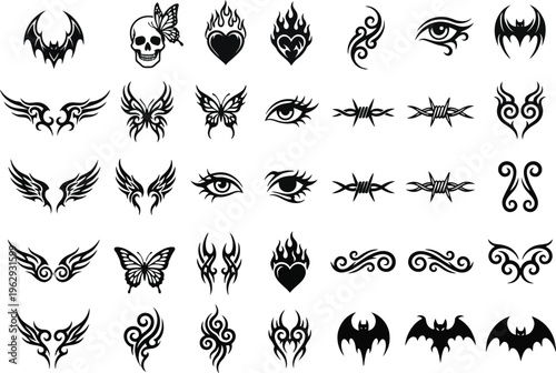 Gothic Tribal Tattoo Elements Vector Set ? Bats Wings Skull Flame Heart Eyes.eps
