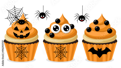 Three spooky halloween-themed cupcakes decorated with jack-o'-lanterns, spiders, eyes, and bats on top Vector