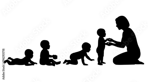 Baby Development & Parenting Silhouette Vector Icon Set – Heartwarming Vectors Featuring Infant Growth Stages, Crawling, Sitting, Walking, and Caregiver Bonding Moments