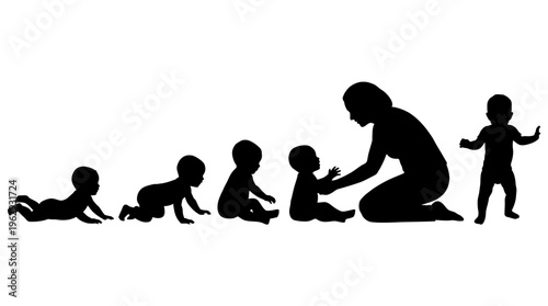 Baby Development & Parenting Silhouette Vector Icon Set – Heartwarming Vectors Featuring Infant Growth Stages, Crawling, Sitting, Walking, and Caregiver Bonding Moments