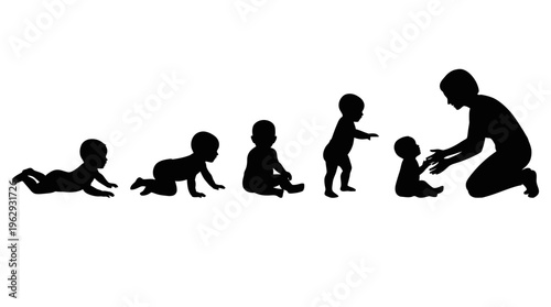 Baby Development & Parenting Silhouette Vector Icon Set – Heartwarming Vectors Featuring Infant Growth Stages, Crawling, Sitting, Walking, and Caregiver Bonding Moments