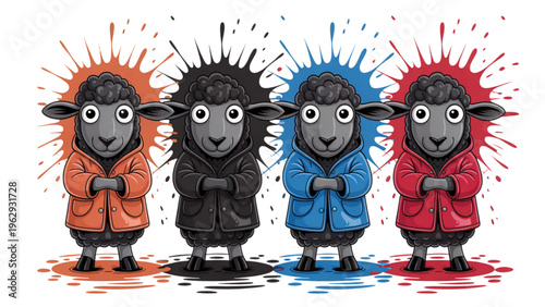 Four stylish cartoon sheep wearing colorful coats standing on splattered ground with expressive eyes Vector