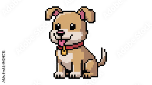 Adorable pixelated cartoon dog sitting happily with a wagging tail and a cheerful expression on its face Vector