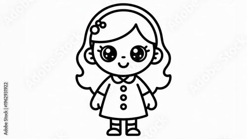 A cheerful cartoon girl with large eyes and a bow in her hair wearing a simple dress Vector