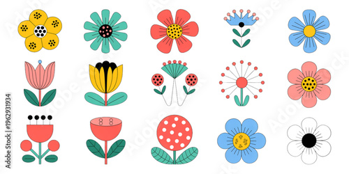 Colorful hand-drawn floral designs showcasing diverse styles and vibrant patterns in a cheerful arrangement Vector