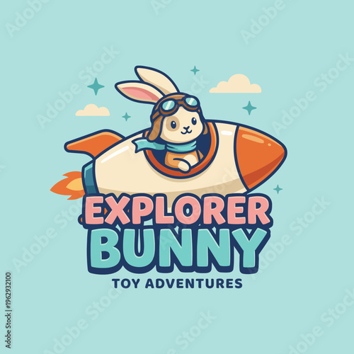 This colorful illustration features a bunny in aviator goggles, joyfully aboard a rocket, symbolizing creativity and adventure in an imaginative world, perfect for kids and whimsical themes.