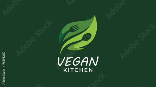 A vibrant logo design for Vegan Kitchen, featuring a leaf and utensils, representing healthy eating, plant-based cuisine, and a wholesome lifestyle.