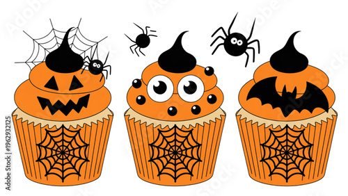 Three spooky cupcakes decorated with jack-o'-lantern faces, spiders, bats, and eerie webs for halloween festivities Vector