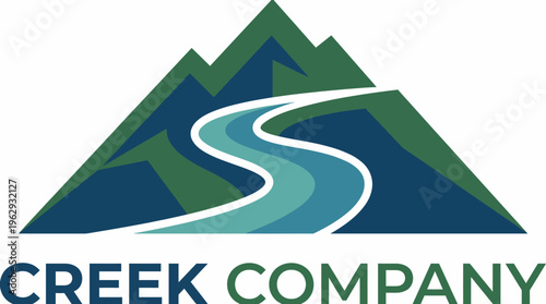 A captivating landscape logo featuring mountains and a winding river, symbolizing adventure and exploration, ideal for outdoor brands or travel companies.