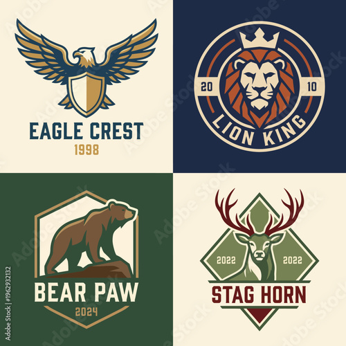 This emblematic design showcases powerful wildlife icons like a lion, bear, and stag, representing strength and majesty, perfect for nature enthusiasts or sports teams.