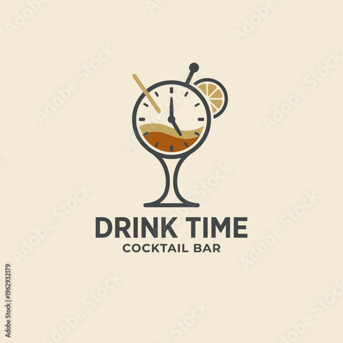 This logo exemplifies a playful and inviting cocktail glass design for Drink Time, complete with a clock face, symbolizing relaxation and a fun social atmosphere.