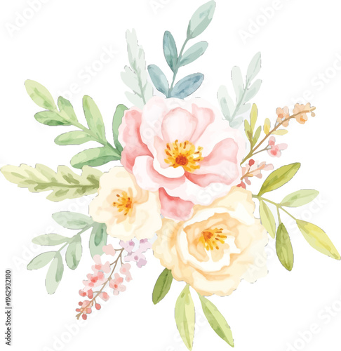 A beautiful watercolor painting featuring soft pastel flowers in shades of pink and yellow surrounded by delicate green foliage leaves