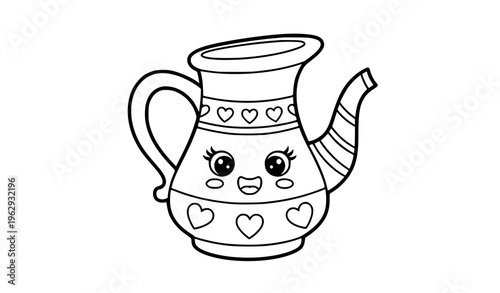 Cute smiling jug character coloring page for kids with cartoon water pitcher illustration