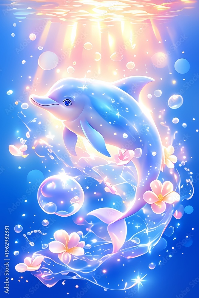 Obraz premium Romantic cartoon illustration of dolphins