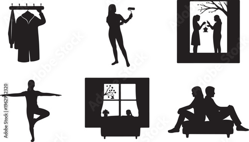 Silhouettes of diverse human activities and interactions in black and white human figures people