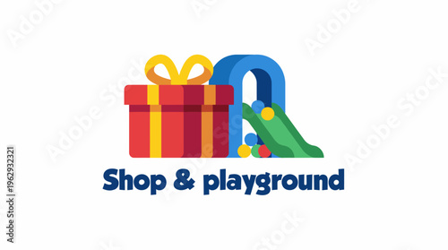 This playful logo combines a gift box and playground slide, symbolizing a fun shop and playground environment where children can enjoy, explore and play joyfully in a safe setting.