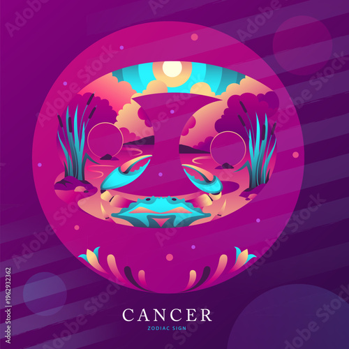 Modern magic witchcraft card with astrology Cancer zodiac sign on fluorescent background. Flat design. vector illustration