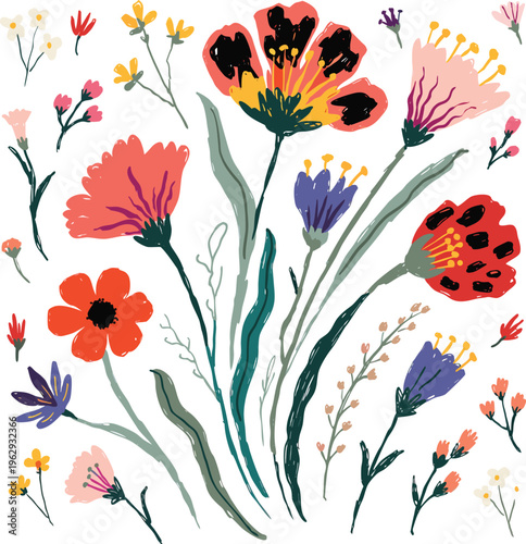 Colorful collection of hand drawn artistic wildflowers in a vibrant and whimsical style featuring various petals and green leaves