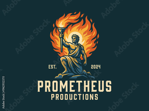 This striking logo represents Prometheus Productions, featuring a statue holding a torch surrounded by flames, symbolizing creativity, inspiration, and the power of storytelling.