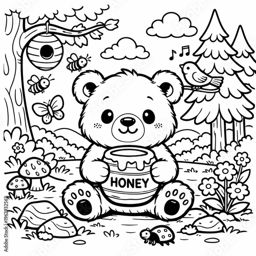 Friendly grizzly bear holding a honey pot in a forest.