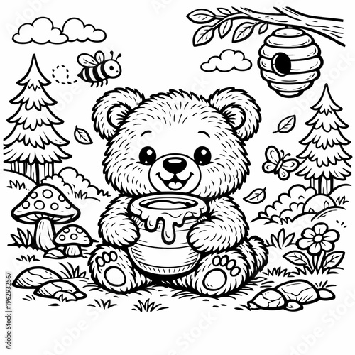 Friendly grizzly bear holding a honey pot in a forest.